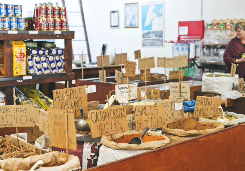 Bulk spices with handwritten labels at Kakulas Brothers retail shop
